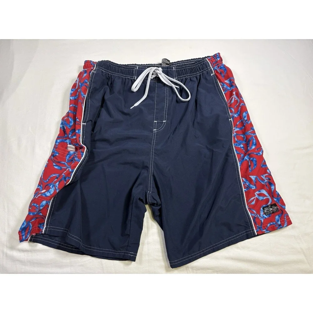 Vintage OP Ocean Pacific Board Shorts XXL Y2K Hibiscus Tribal Navy Red Swim
